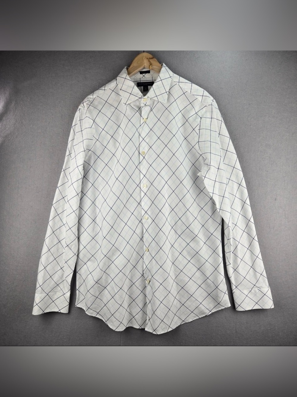Banana Republic White Fitted Shirt 17-17.5 Navy Windowpane Grid 100% Cotton